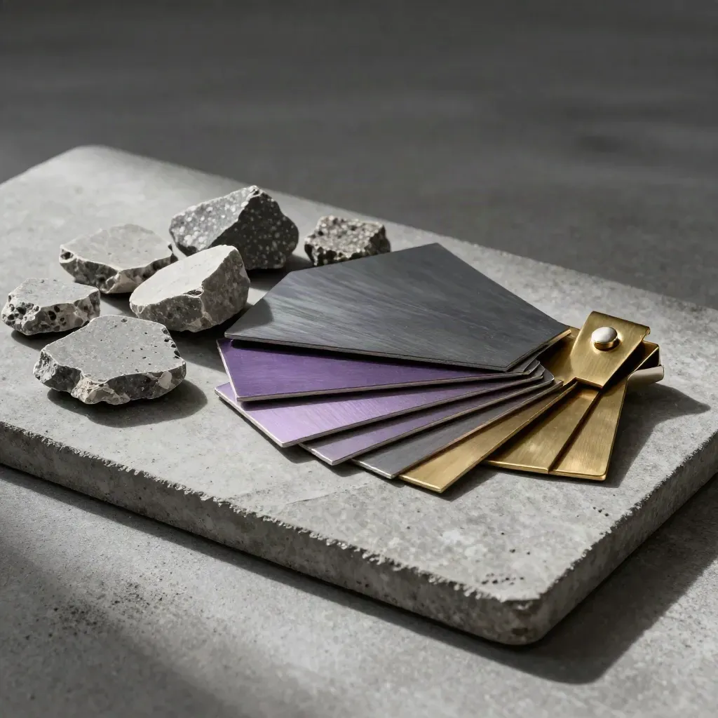 Architectural material samples on concrete with stone chips, anodized swatches, and a brass clip.