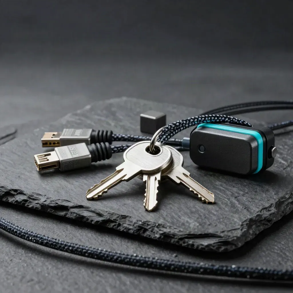 Brushed-aluminum server keys and ethernet leads on dark stone with soft cyan rim light.