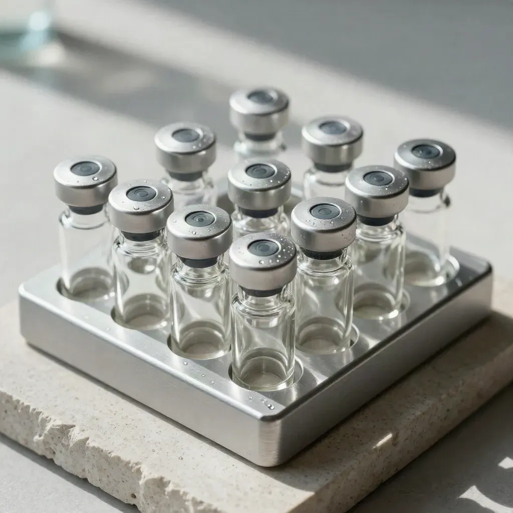 Top-down macro of glass reagent vials and steel caps grouped on pale stone.