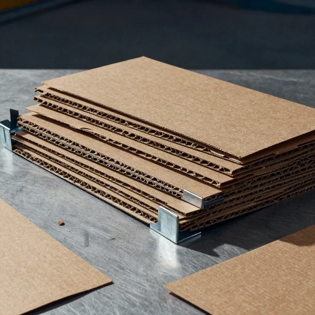 Overhead still life of packing separators, kraft sleeves, and steel corner guards on grey metal.