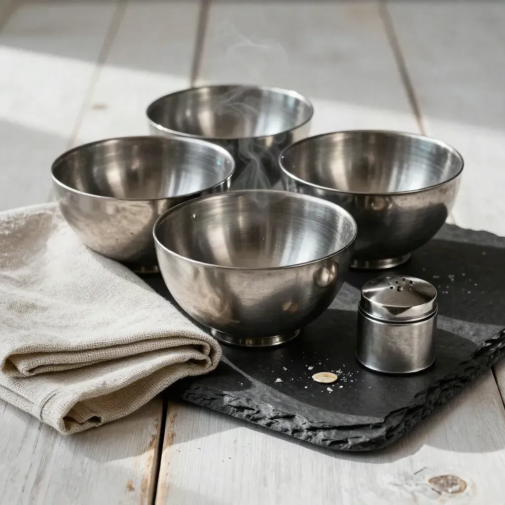 Brushed-steel bowls, folded linen, salt cellar, and steam on a slate tray over pale wood.