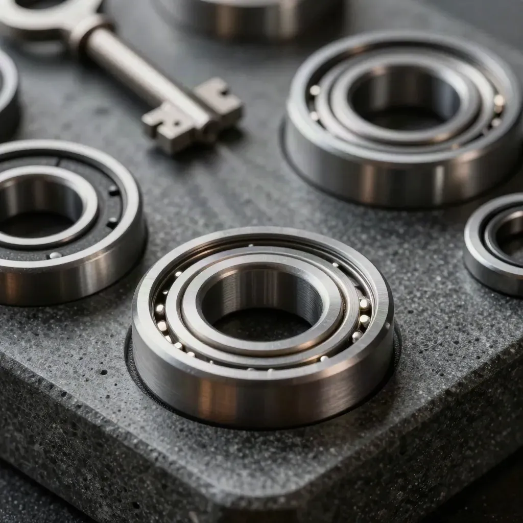 Macro overhead of bearing races, o-rings, and foam tray aligned on dark stone.