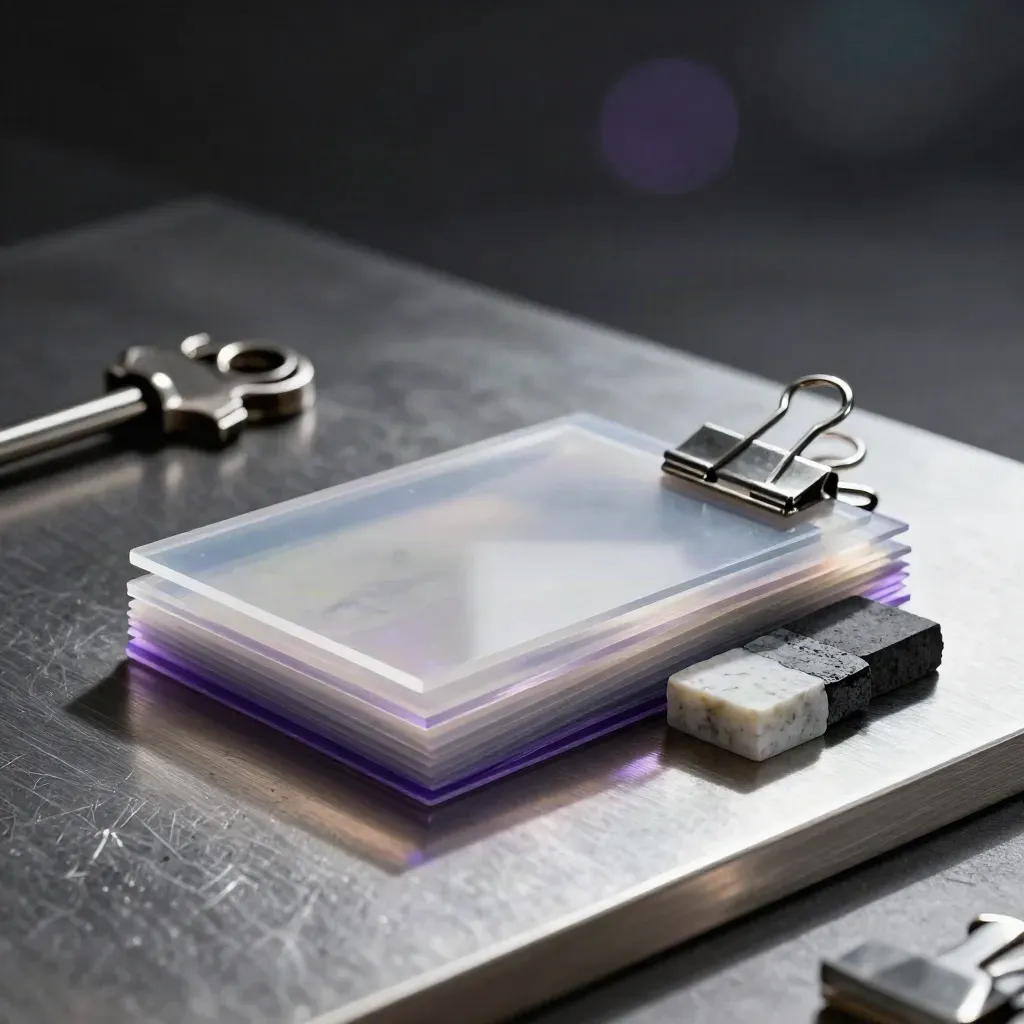 Acetate sheets, graphite chips, and magnetic clips stacked on brushed steel with violet glints.