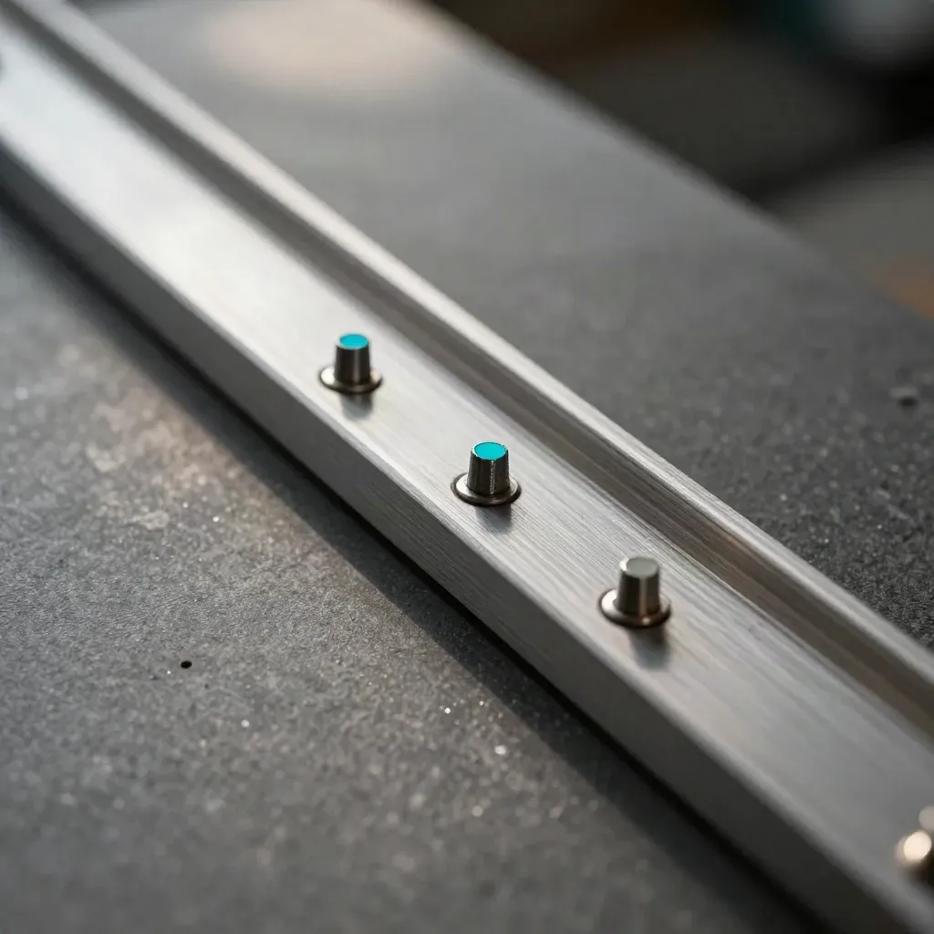 Top-down macro of a metal task rail with sliding markers and locator pins on graphite stone.