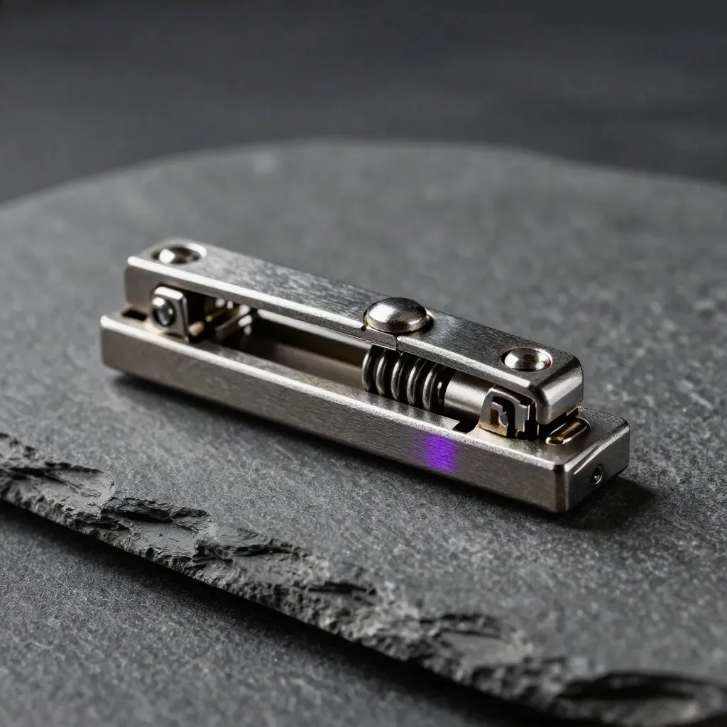 Steel spring latch assembly snapped shut on graphite stone with a faint violet reflection.