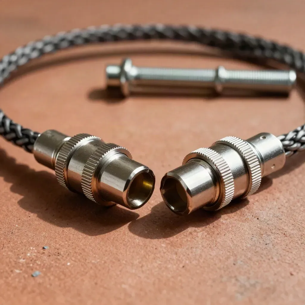 Two braided connector couplers meeting nose to nose on a terracotta and concrete surface.