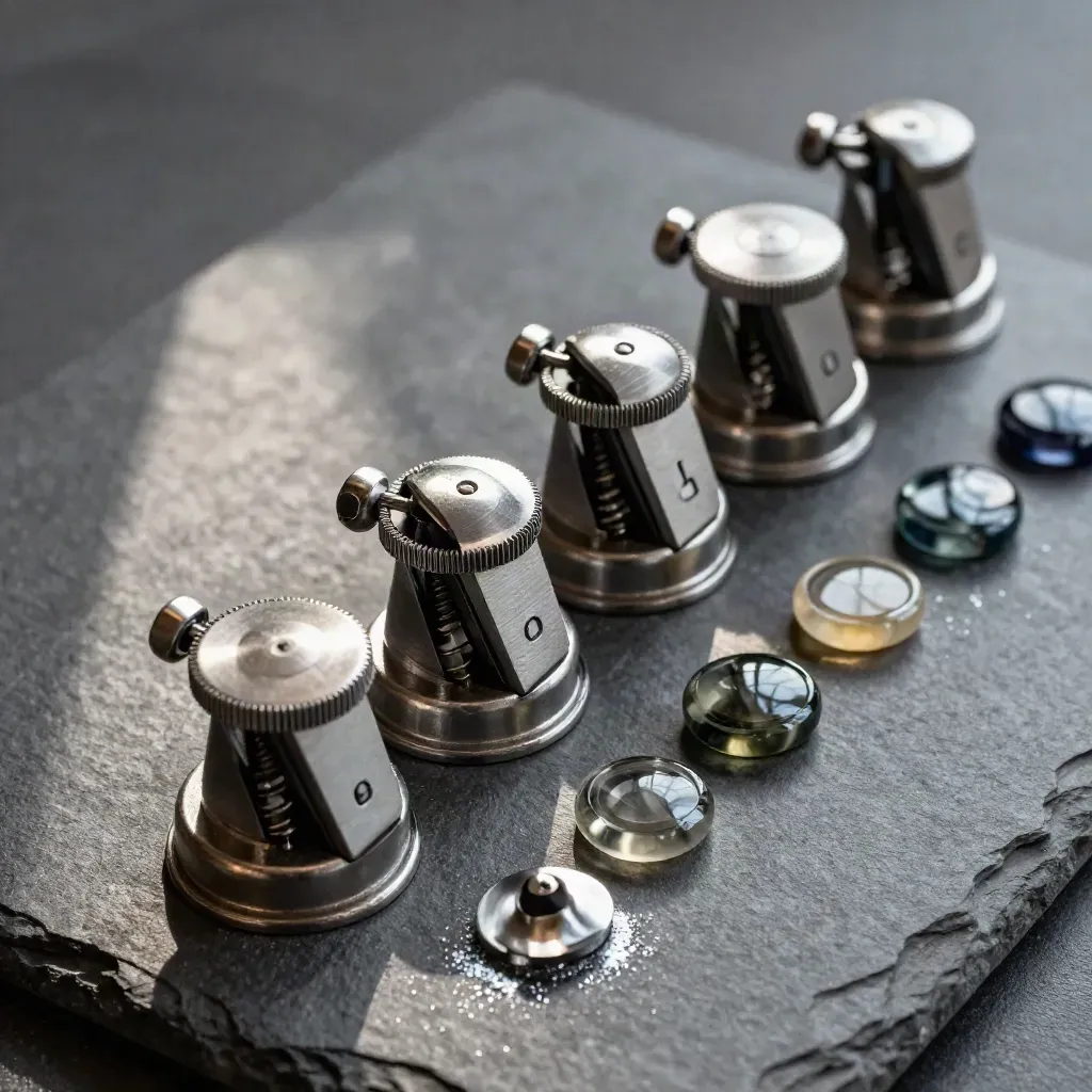 Brushed-metal tally counters and glass tokens in a geometric analytics still life.