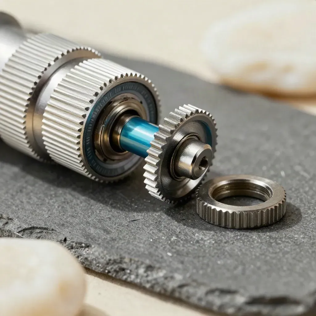 Macro of metal regulator dials, washers, and a limit stop on graphite stone.