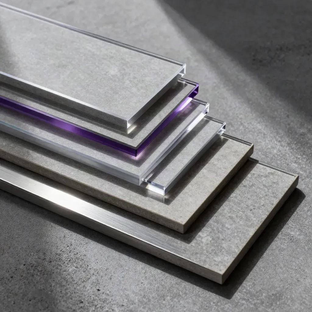 Overhead still life of nested acrylic guide trays and ceramic tiles on concrete with violet accents.