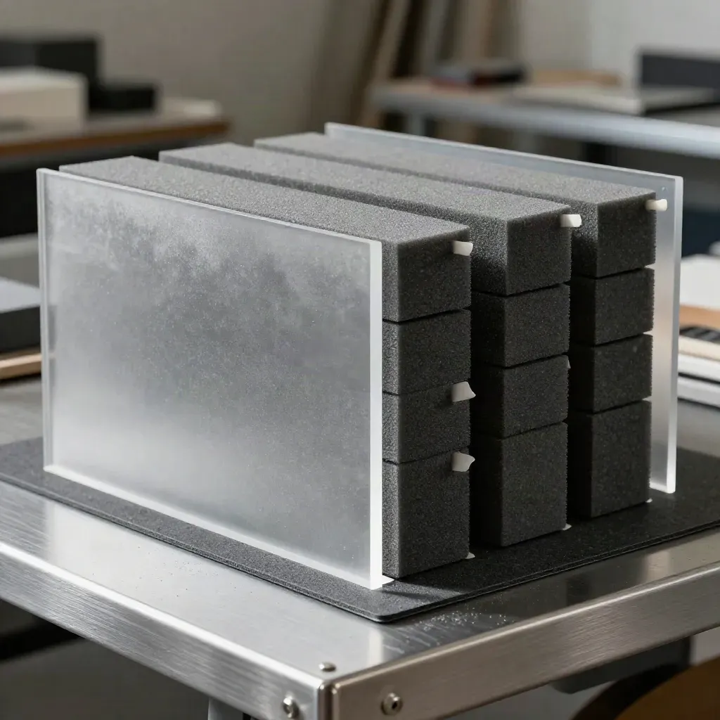 Frosted acrylic divider behind prototype foam blocks and adhesive sample tabs on a design bench.