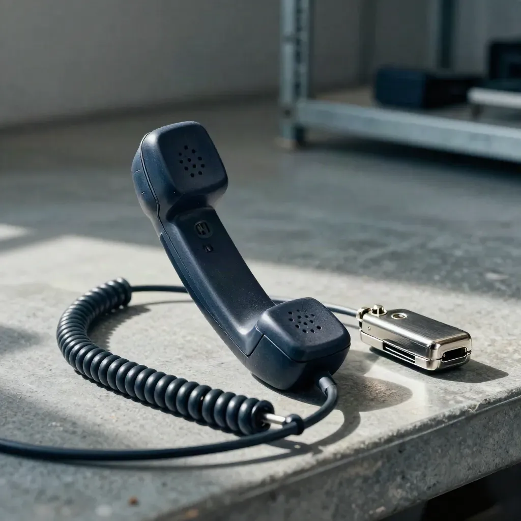 Radio handset, coiled charger cable, belt clip and steel dispatch puck on a warehouse shelf.