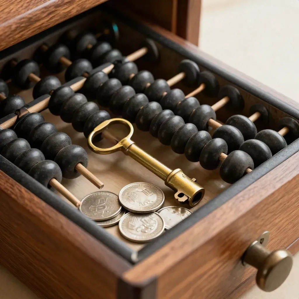 Flat lay of abacus, brass key and coin tray in a honey-oak drawer.