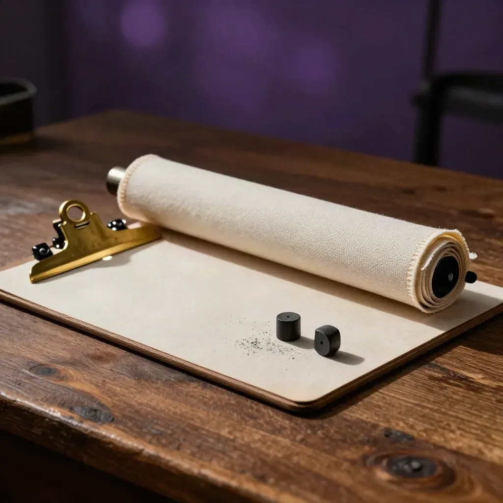 Brass clip, canvas tool roll, and dispatch pucks on smoked oak under dramatic studio light