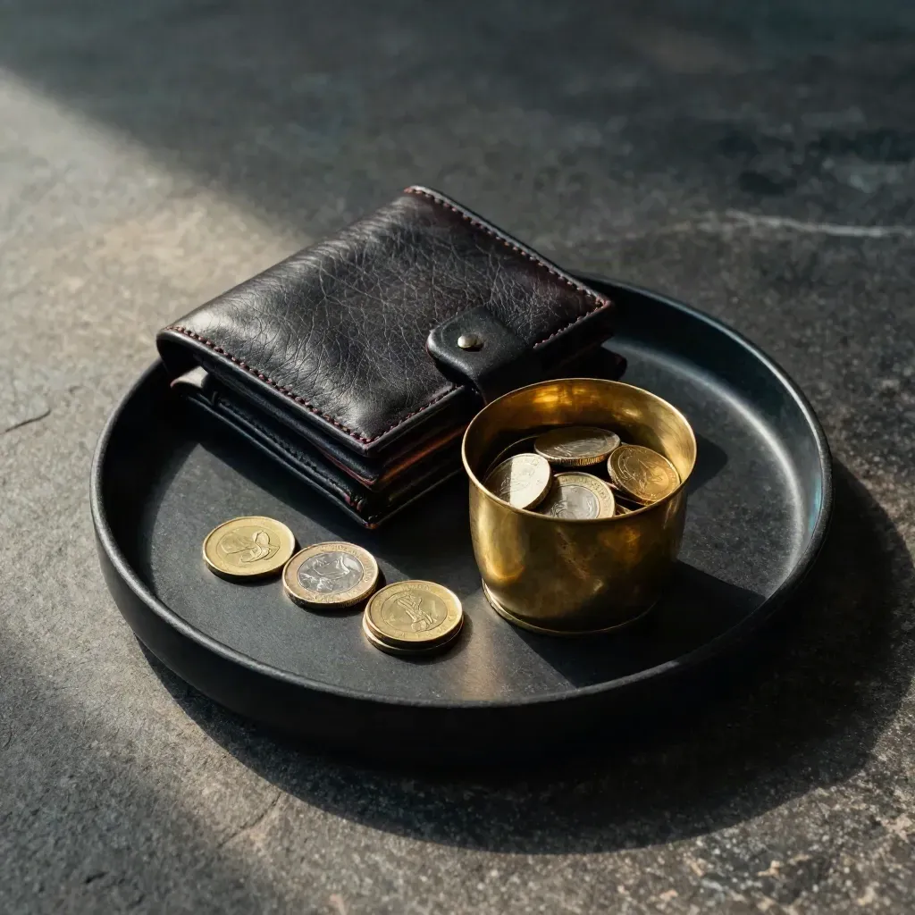 Top-down still life of a black cash tray, brass coin cup and folded leather wallet on dark stone.