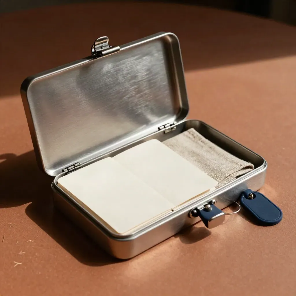 Opened onboarding kit with cards, key tag and metal box on terracotta surface