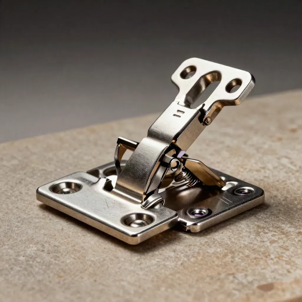 Metal hinge parts aligned on stone with a subtle violet accent.