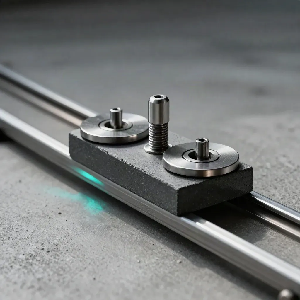 Macro of graphite blocks on rails with pivot pin and spacer discs, lit with subtle cyan detail.