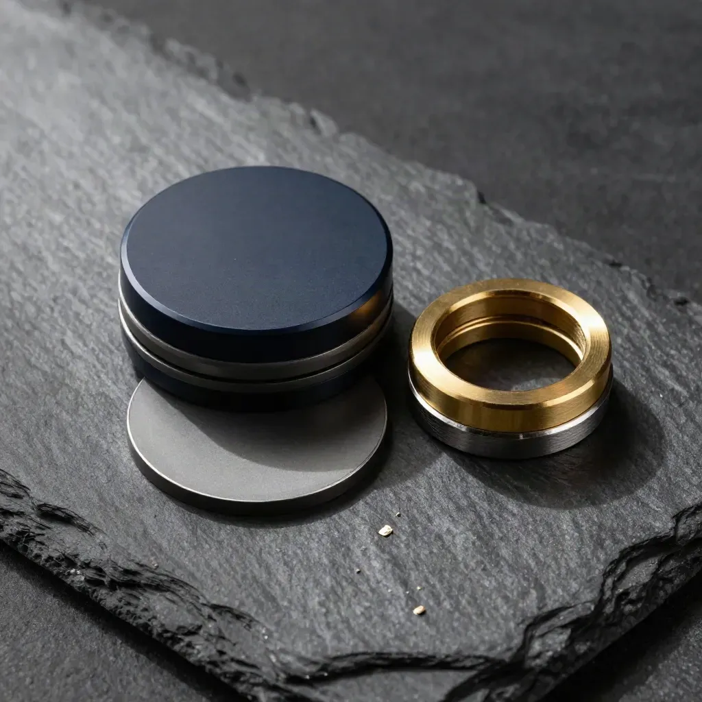 Top-down still life of a navy payment puck, matte chips, and a brass adapter on slate