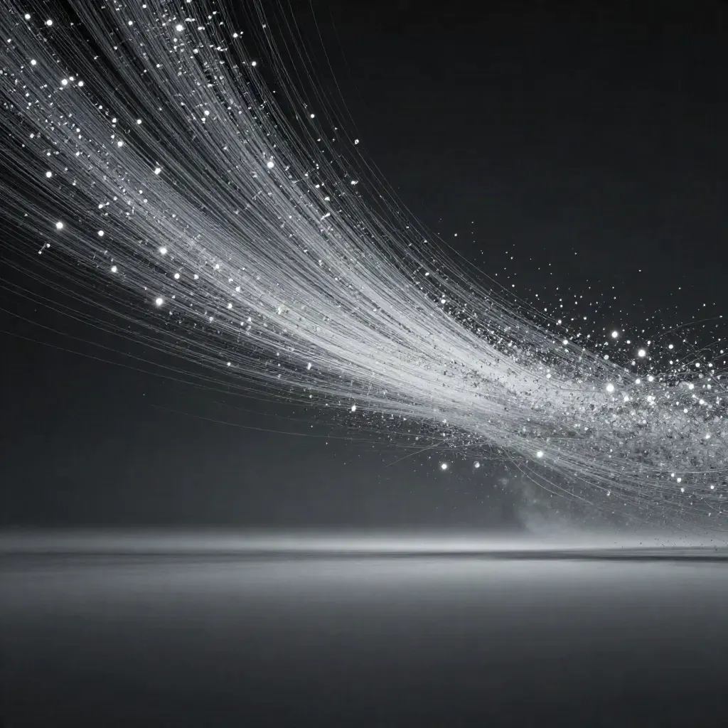 Silver filaments bloom in graphite haze with open space for stats copy.